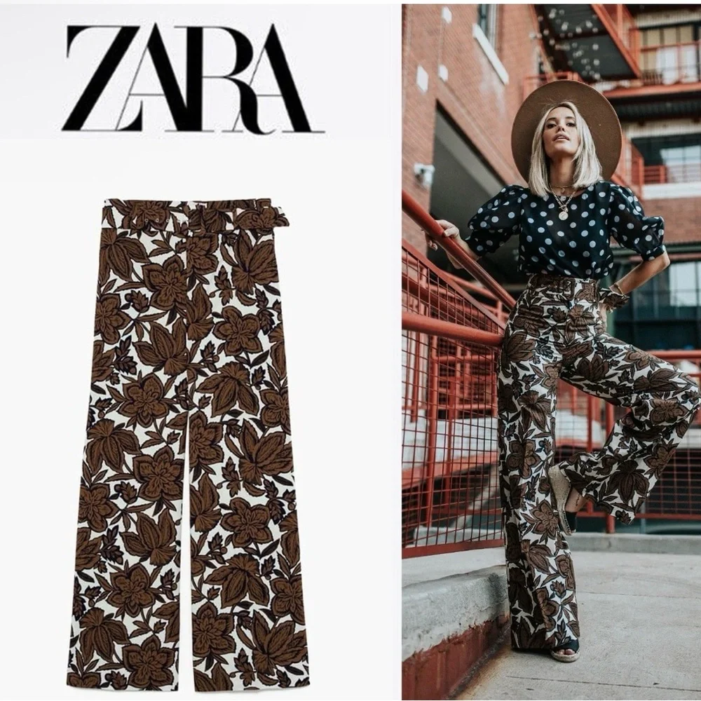 Zara Floral Wide Leg Pants Size S Boho Brown Print SIZE SMALL - Picture 7 of 10